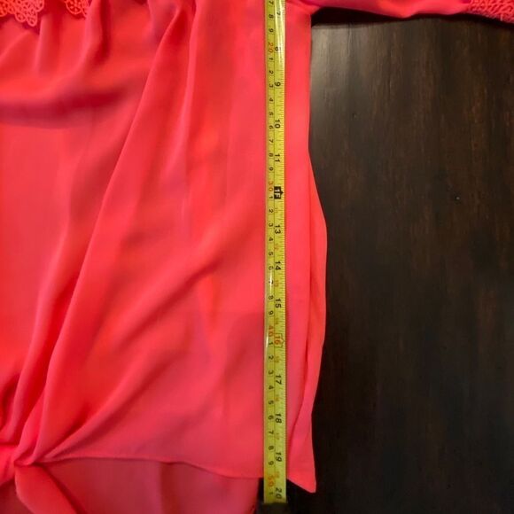 NEW Coral Pink Lace Trim Tie Front Top Blouse - Picture 13 of 15